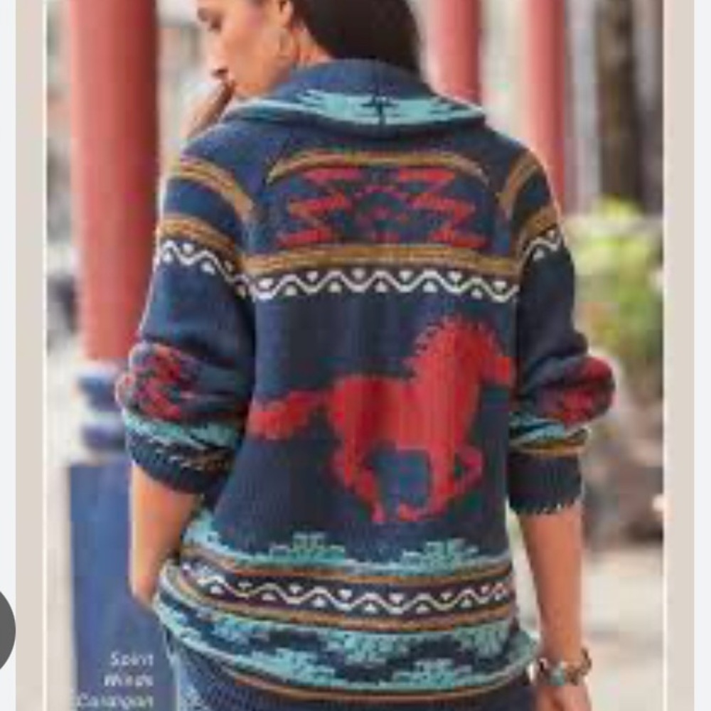 Sundance Wool Cardigan “Rare”Knit Spirit Winds Horse Red/Blue Small EUC